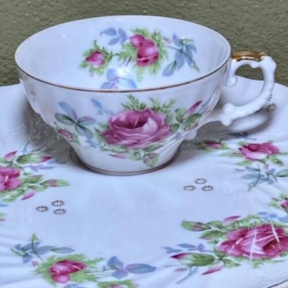 Bone China • Tea Cup & Snack Tray • Pink Purple Green • Gold Trim • Marked AACO - Picture 5 of 12